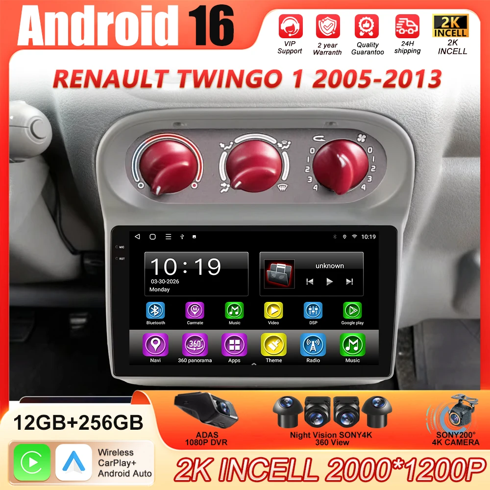Carplay Android 16 para Renault Twingo 1 2005-2013, Video, GPS, Navegación, Radio para Auto, Pantalla, DVD, Wifi 5G, Monitor para Auto, GPS 2k