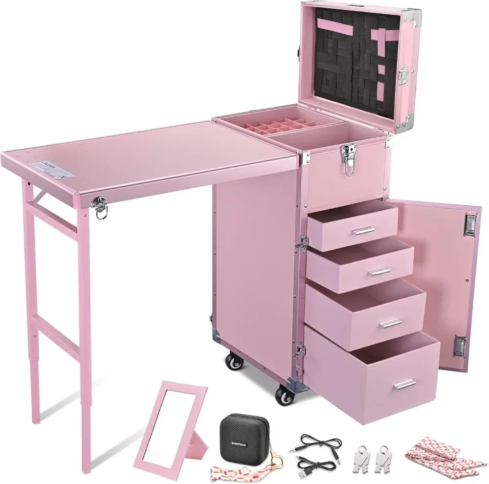 

Rolling Manicure Table Foldable Nail Table Makeup Train Case with Desk Cosmetic Trolley Travel Storage Organizer