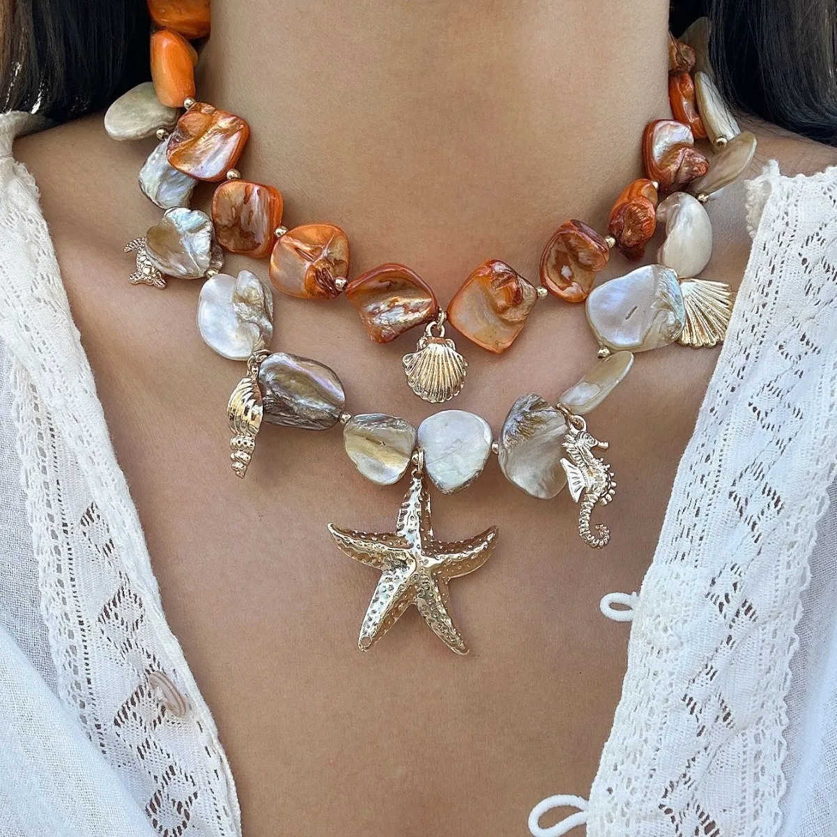 Seashell Chip Starfish Pendant Necklace Ocean Beach Vacation Resort Irregular Minimalist Daily Jewelry for Women