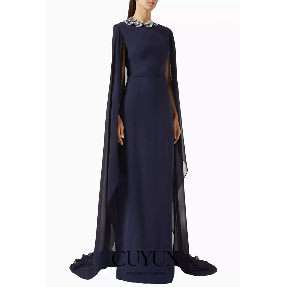 

CUYUN Customized Navy Blue Evening Dresses Women 2026 O-Neck Floral Appliques Cape Sleeves Prom Gown Dinner Party Wear Wedding