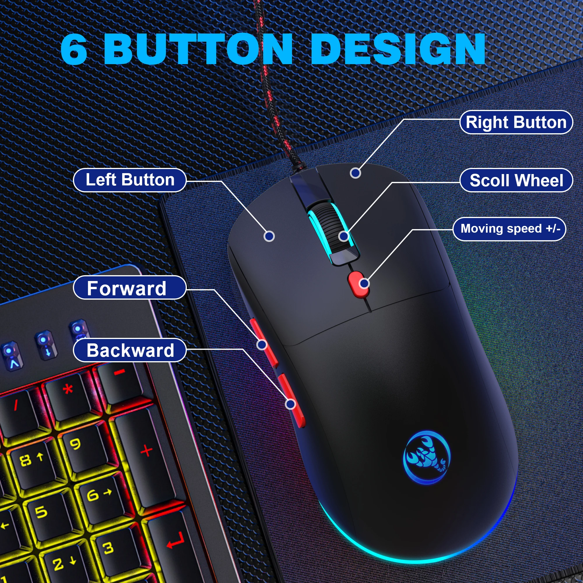 6 Keys Wired Gaming Mouse Adjustable 3600dpi 7 Colors RGB Comfortable Mice for Home Office Laptop Computer Gamer