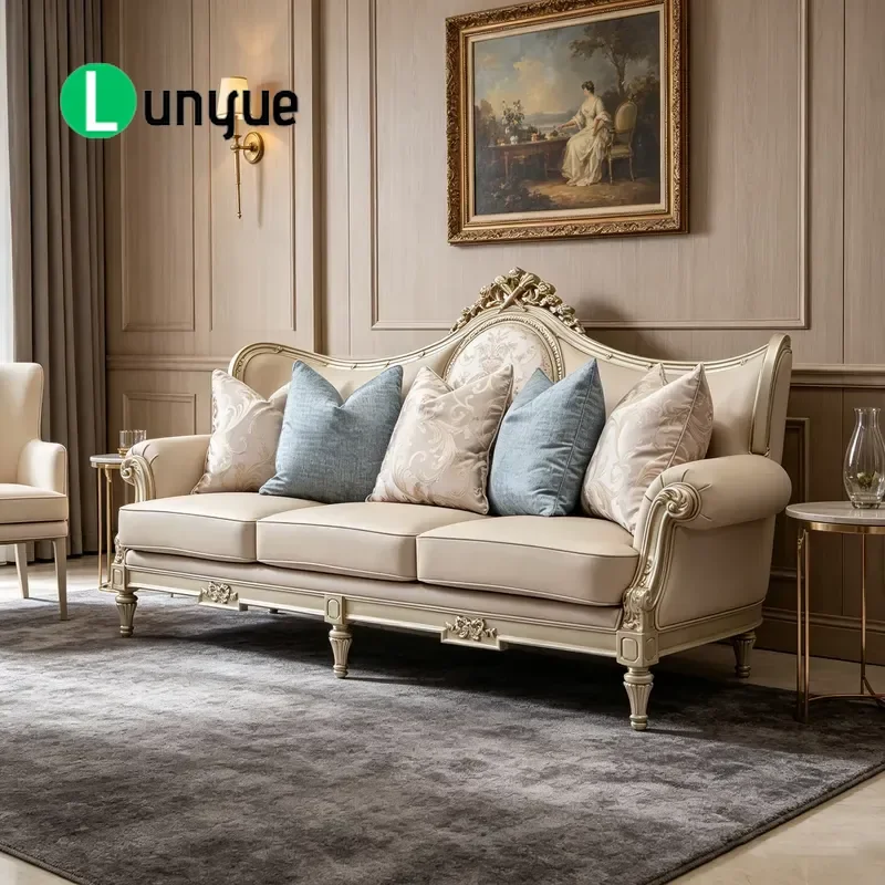 French Leather U Shaped Sofa Set European Solid Wood High Density Customizable Living Room Furniture