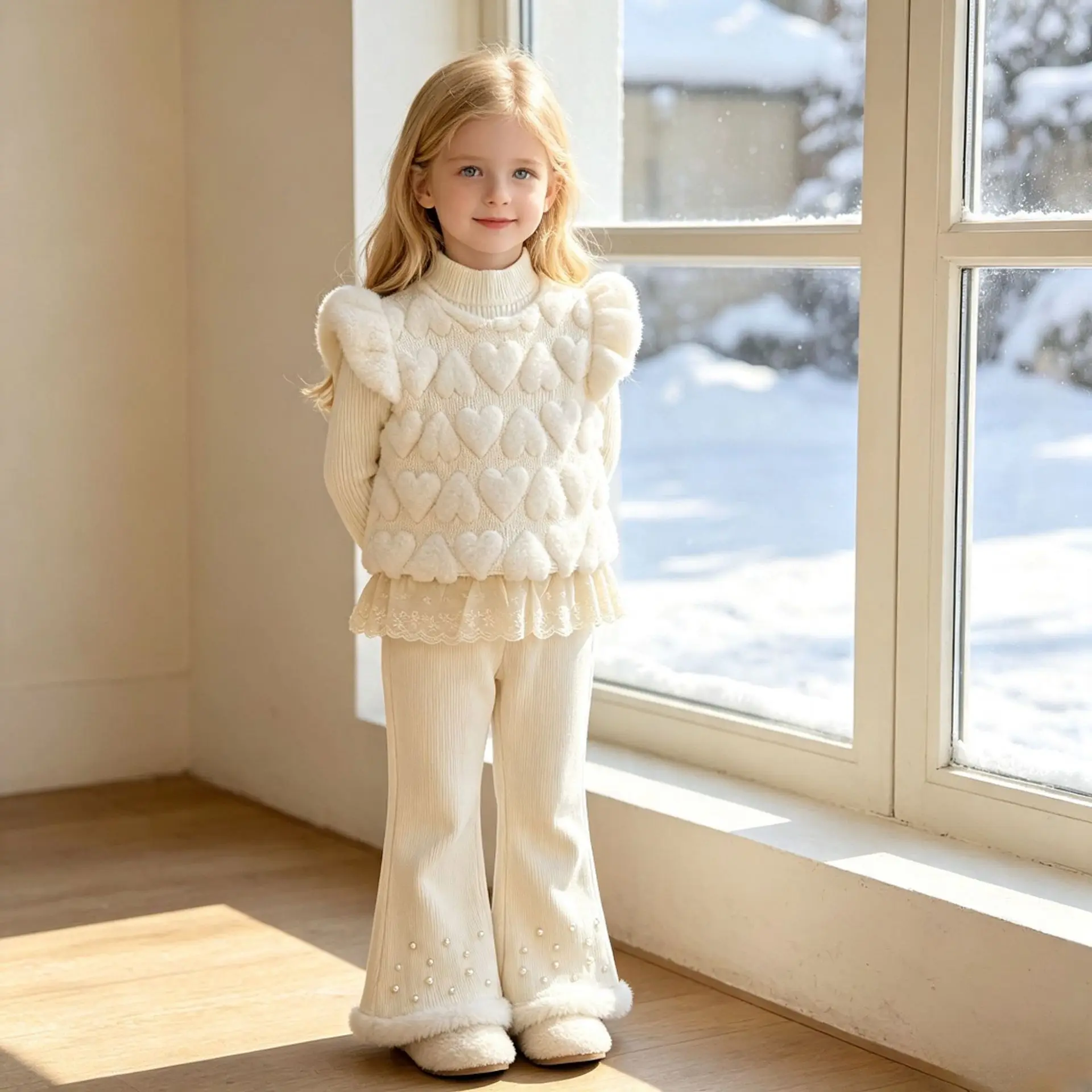 Girls Winter Hreat Plush Waistcoat Two Price Sets Fashion High Neck Base Layer Pearl Plush Bell-bottoms two price sets