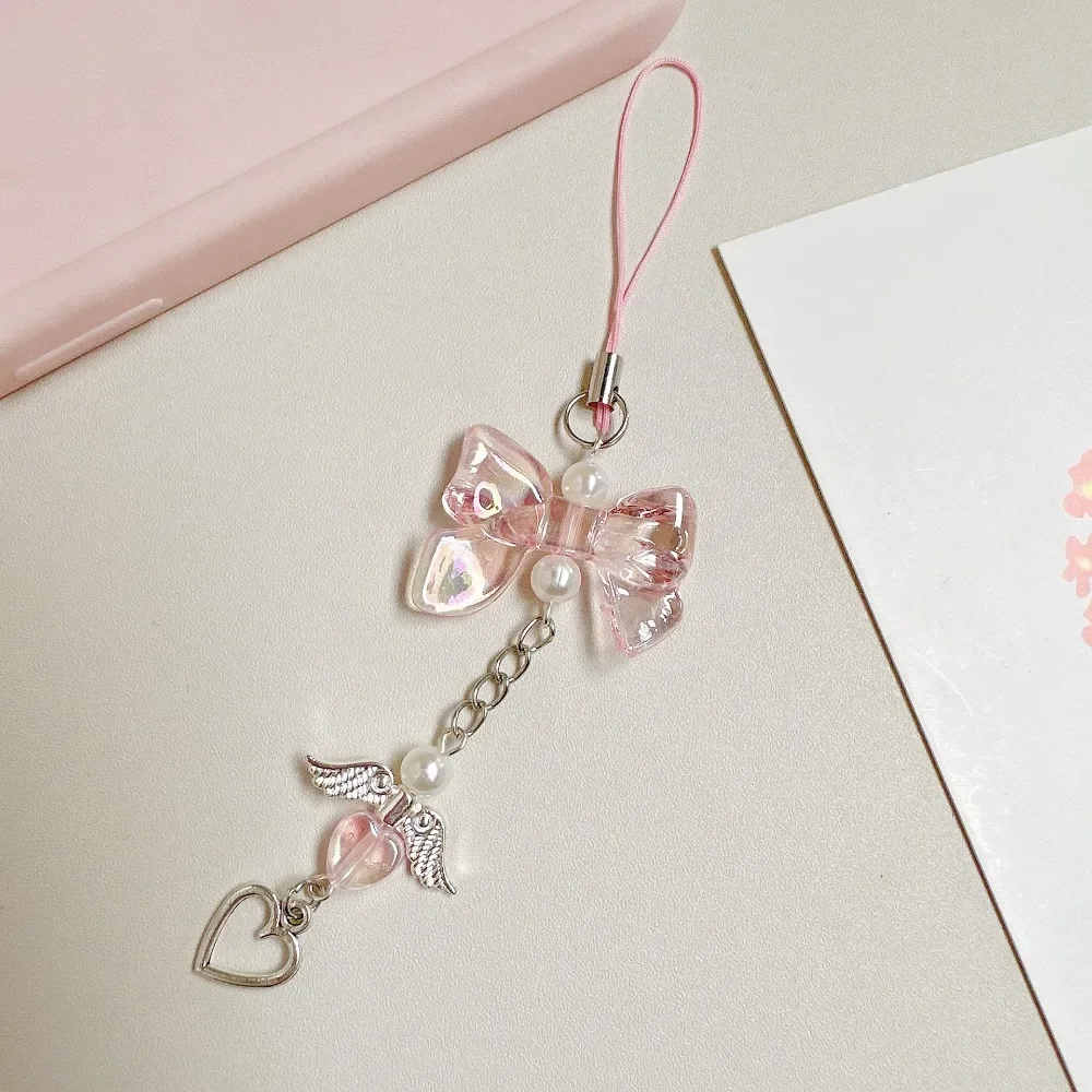 Y2k الملونة Bowknot سلسلة هاتف أجنحة حلوة الحب القلب قلادة حقيبة سماعة الاذن مكافحة خسر الحبل حقيبة مجوهرات ديكور