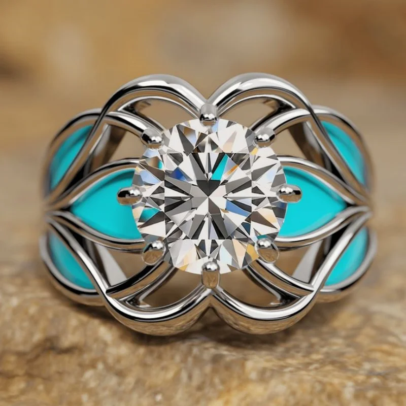 Luxury Metal Flower hollow out Rings Hand Inlay Round Crystal zircon Engagement Holiday Party Jewelry