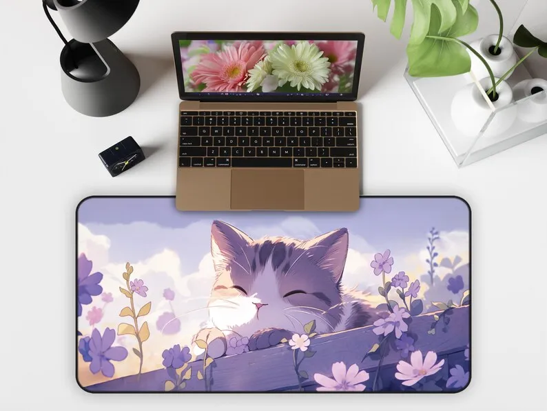 Anime Cat Sleeping Desk Mats, Cute Purple Cat Desk Mat, Girls' Desktop Accessory, Kawaii Desk Mat, Perfect Gift for Friends