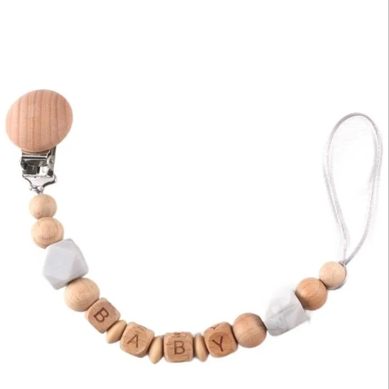 

Baby Pacifier Clips Beech Wooden Beads Personalized Name Newborn Pacifier Chain BPA Free Child Nipple Holder