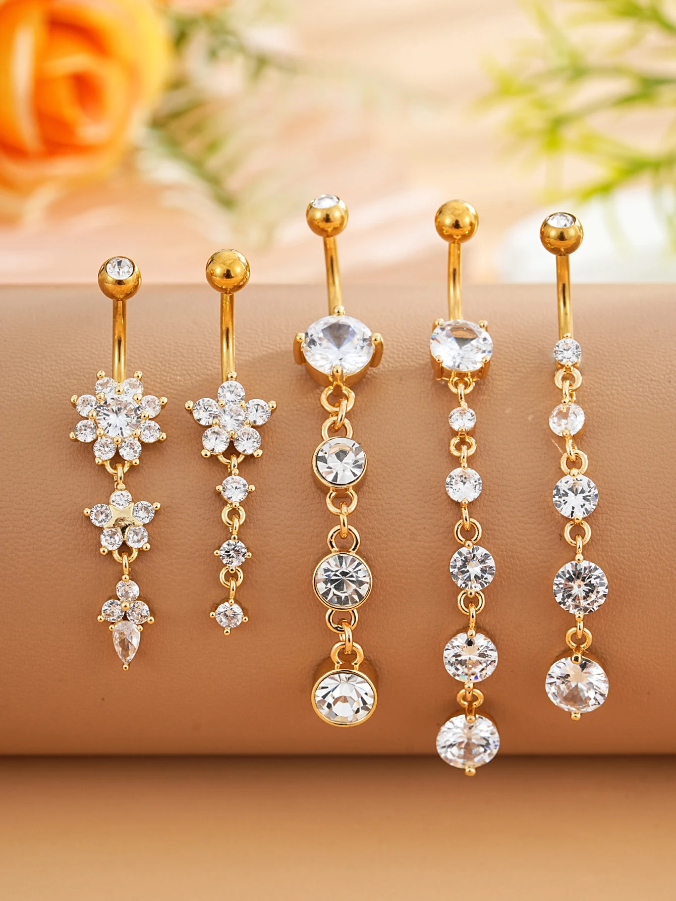 5 Stück/Set Lange baumelnde Bauchnabelringe mit funkelnden Kristallen CZs, Bauchnabelring aus Edelstahl, gebogenes Bauchpiercing Nombril Ombligo – Detail 3