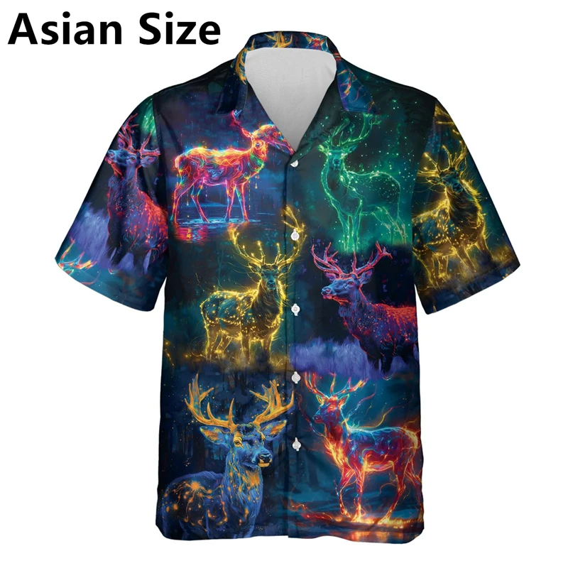 Trend Deer Graphic Shirts For Men Fashion Summer Lapel Button 3D Animals Printed Hawaiian Shirt Trend Streetwear Oversized Tops