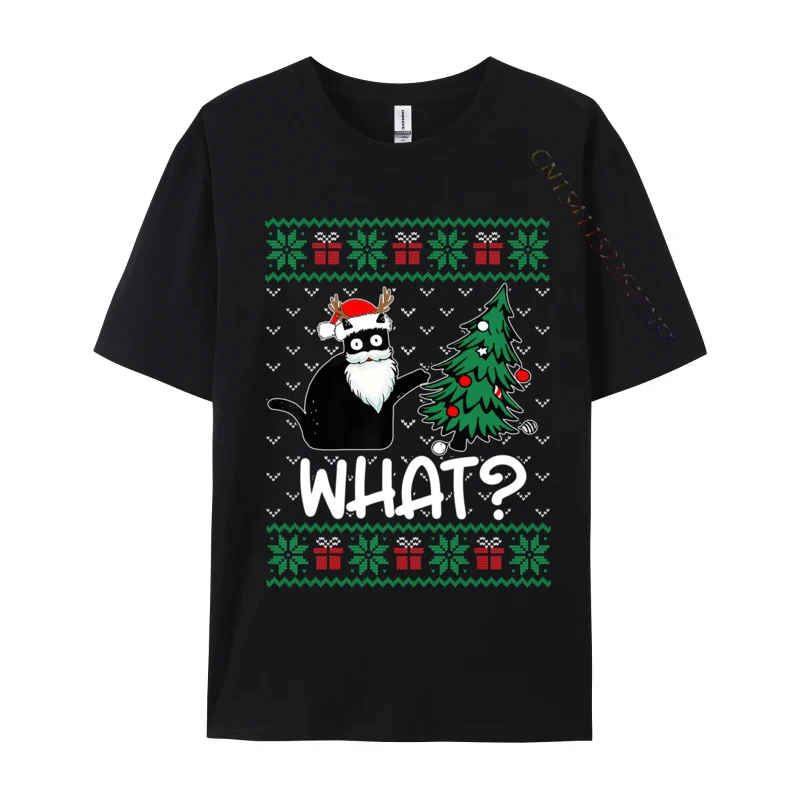 Black Cat What Ugly Christmas Sweater Pushing Xmas Tree T-Shirts Unisex O-Neck Pure Cotton T-Shirts Man Oversized Tops