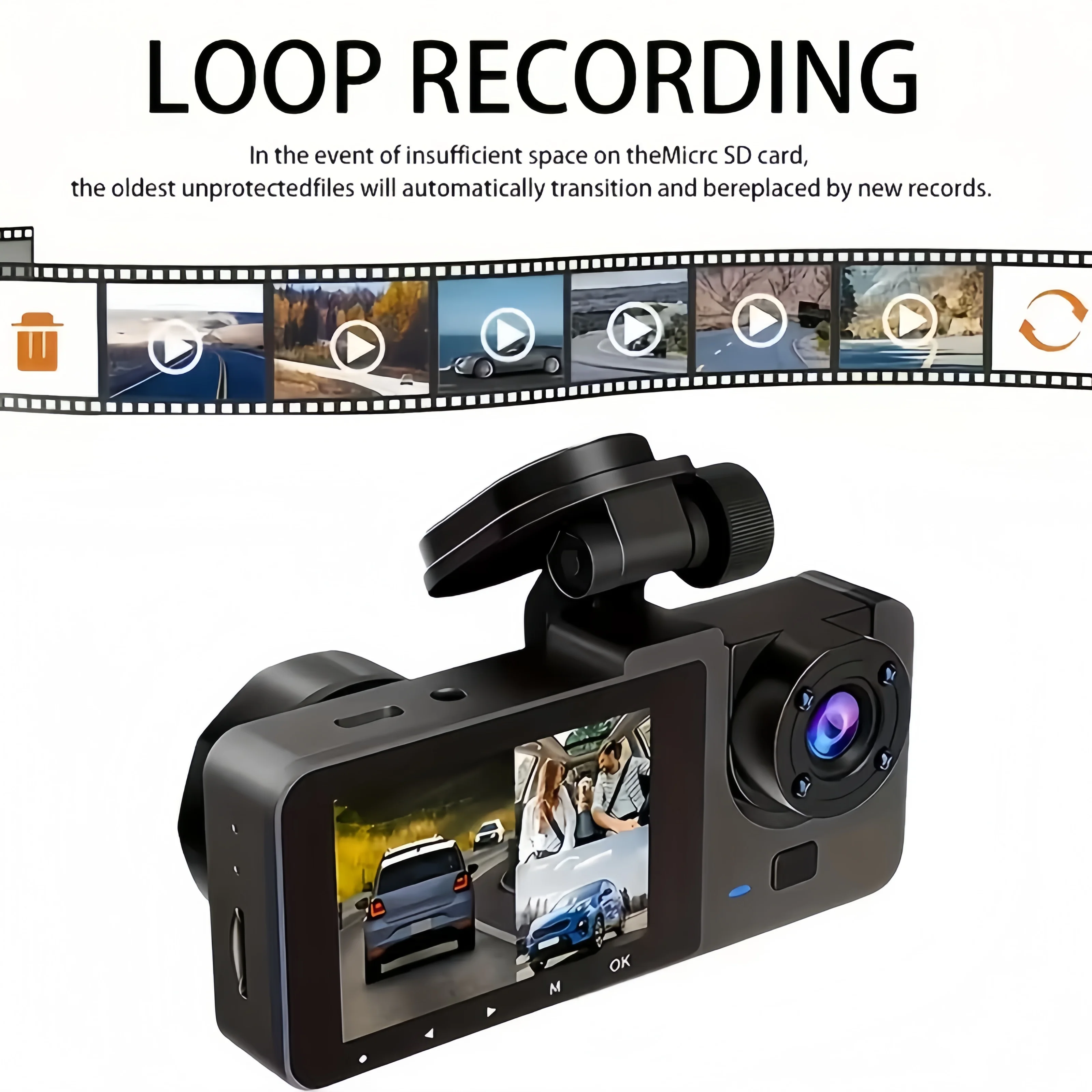 Dual-Lens 1080P Dash Cam, Front & Rear Cameras, Infrared Night Vision, Loop Recording, 2.01