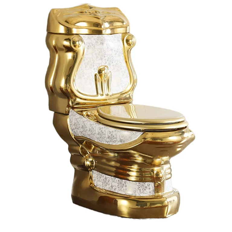 

Northern Europe Modern White and Gold One-Piece Elongated Pissing WC Toilet with Dual-Fllush Floor Mounted Golden Toilet