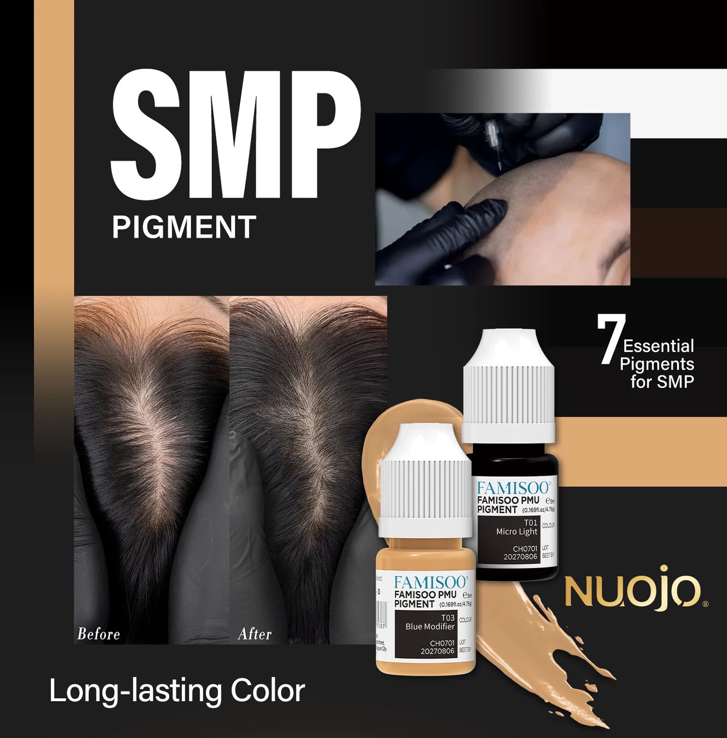 FAMISOO SMP Tattoo Pigment 5ML 7 Colors Professional Scalp Liquid Shading Micropigmentation Black Scalp Tattoo Ink  For SMP