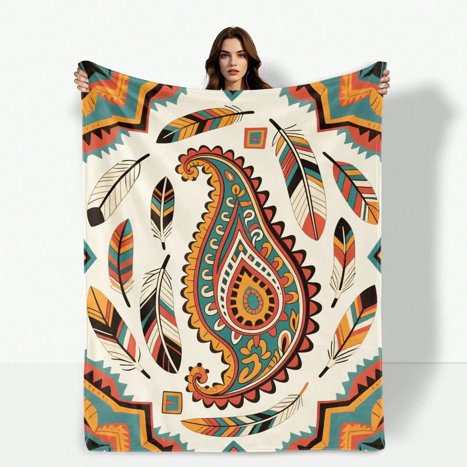 

Декоративное одеяло с дизайном пейсли и перьями, художественная форма дома и теплое гостиное пространство или уникальная спальня