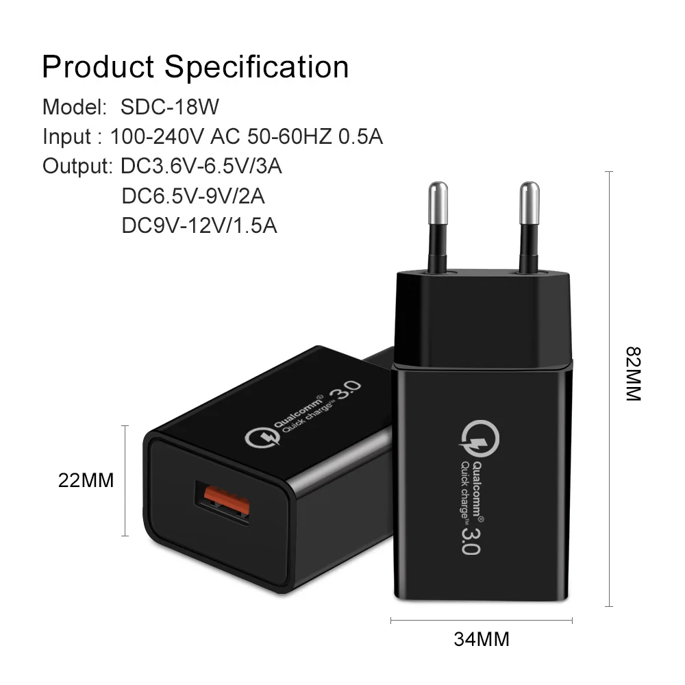 18W 3A Fast Charger QC 3.0 USB Charger Quick Charge 3.0 Phone Charger for iPhone for Huawei Samsung Xiaomi 6 8 Redmi EU US Plug