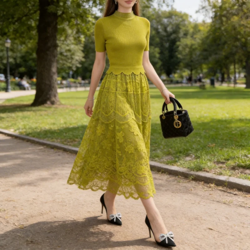 

Плиссированное платье Miyake женское, новинка 2026 года, модное, с кружевными вставками, имитация двух частей, с круглым вырезом, с короткими рукавами, элегантное, средней длины