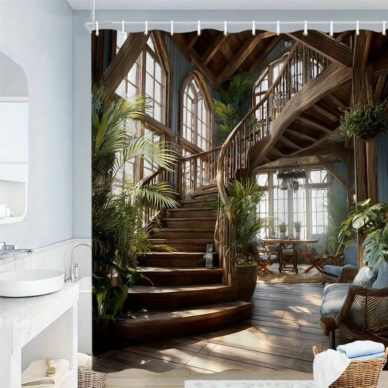 

Waterproof Polyester Shower Curtain Tropical Jungle Staircase Architectural Boho Botanical Bathroom Decor Print