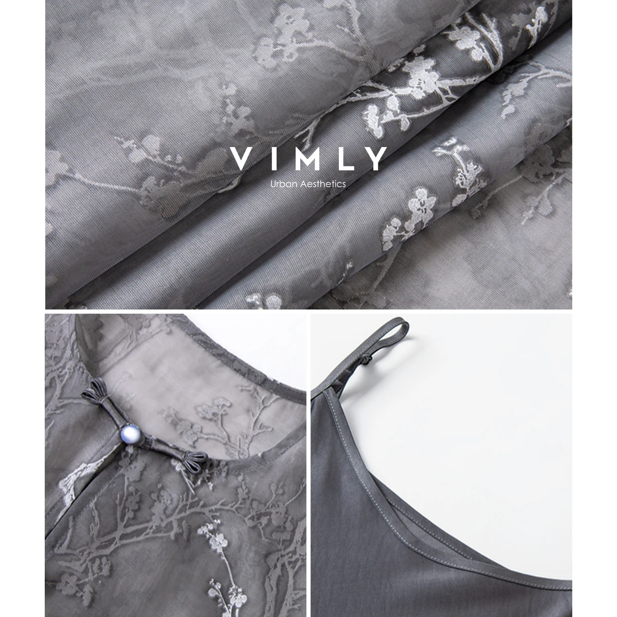 VIMLY 女性のツーピースドレス中国風花刺繍コートロングサスペンダーサテンドレス 2025 秋の女性セット A2683