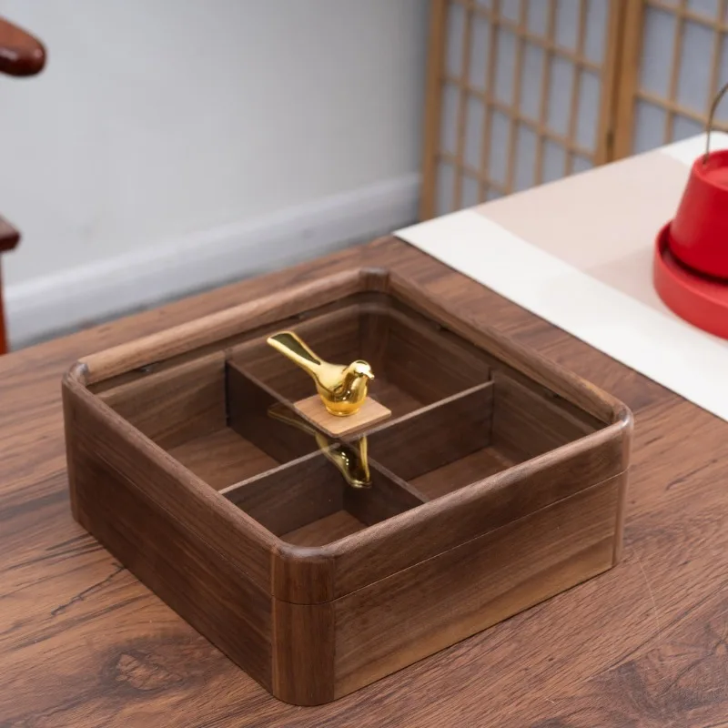 Solid wood, living room desktop light luxury retro black walnut grid storage box, sealed wooden dried fruit box