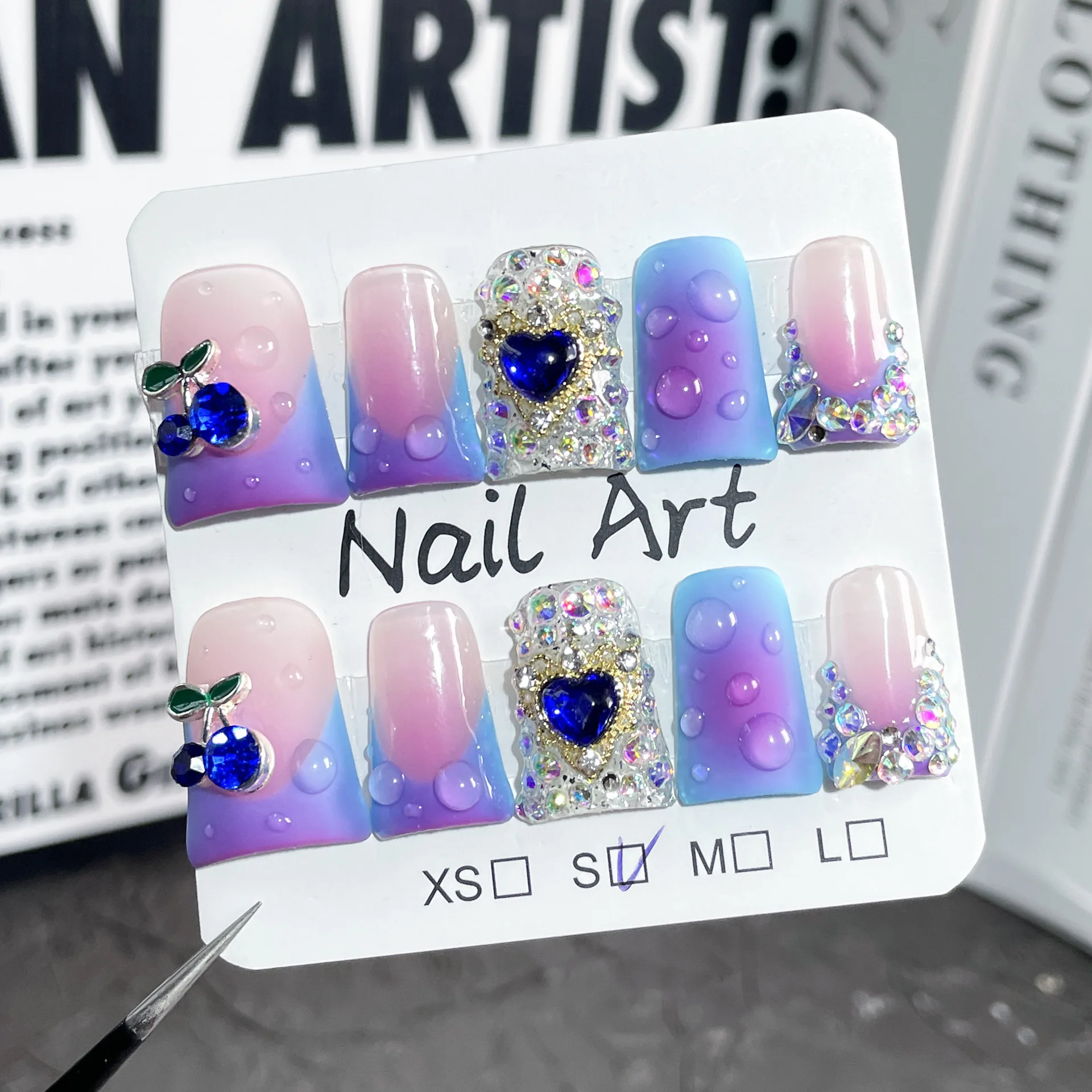 

Spicy Girl Press On Nails French Blush Y2K Duckbill Nails Handmade Fake Nails 3D Cherry Decor Flash Diamond False Nails Wearable