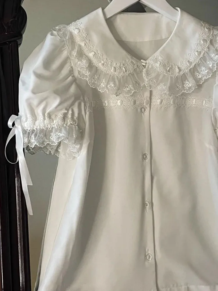 

Lolita White Shirts Women Japanese Sweet Lace Ruffle Peter Pan Collar Short Sleeve Tops Summer Kawaii Vintage Blouse