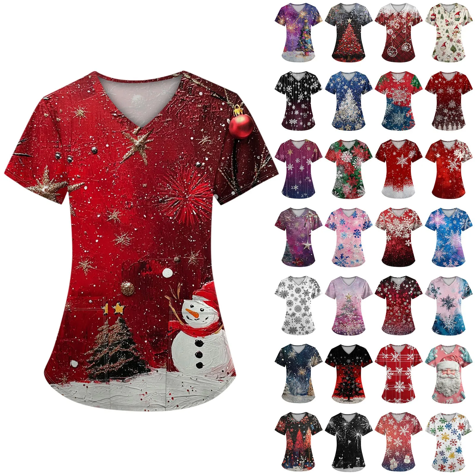 ชุดพยาบาลวันหยุดคริสต์มาสพิมพ์สไตล์การออกแบบกระเป๋าเครื่องแต่งกายผ่าตัดผู้หญิงคอวีแขนสั้นพยาบาลเครื่องแบบทางการแพทย์