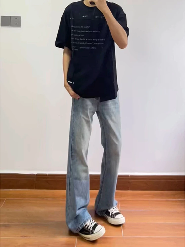 

Светло-голубые мужские джинсы с высокой талией, тонкие летние удлиненные брюки в американском уличном стиле, расклешенные штаны