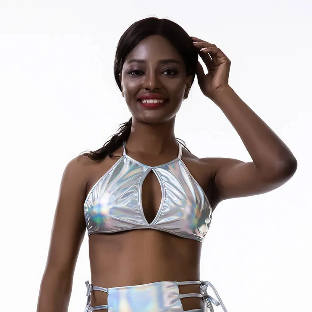Фестивальные топы Rave, блестящий бюстгальтер в полоску, костюмы металлик, женский костюм на шесте, сценическая одежда с мокрым эффектом, танцевальная одежда, стразы для тела