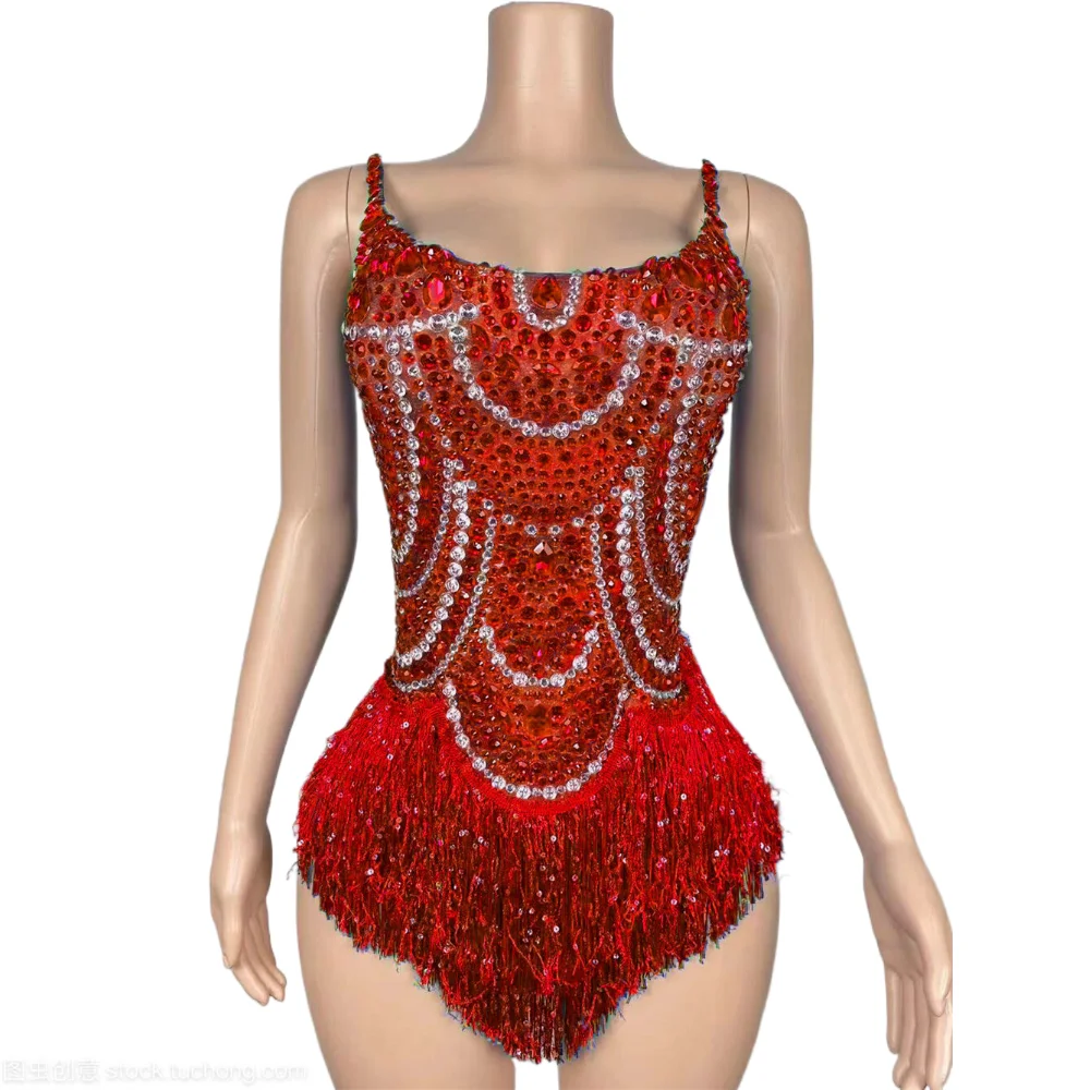 

New Shiny Red Rhinestones Fringed Latin Dance Bodysuit Bar Dj Ds Rave Outfits Women Sexy Dance Costume Stage Pole Dance Clothes