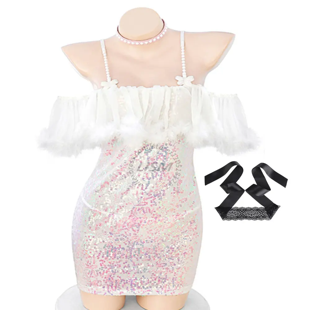 

LISM Erotic Pearl Strap Sequin Bodycon Mini Dress for Women, Fluffy Feather Edge Short Dress Perfect for Couple Intimate Night