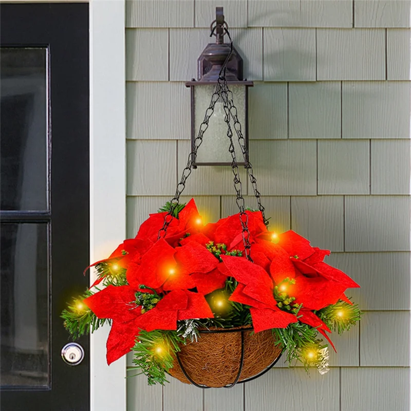 Y42A-1 قطعة عيد الميلاد سلة معلقة مع الزهور الحمراء وللخارجية ساحة الشرفة ديكور البلاستيك + المعادن زينة عيد الميلاد