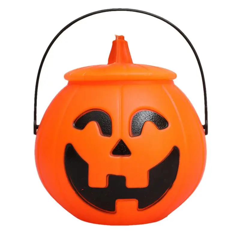 Solid Pumpkin Treat Bucket Halloween Goodies Bucket With Handle And Lid Trick Or Treat Snack Bucket For Snack Desktop Decor