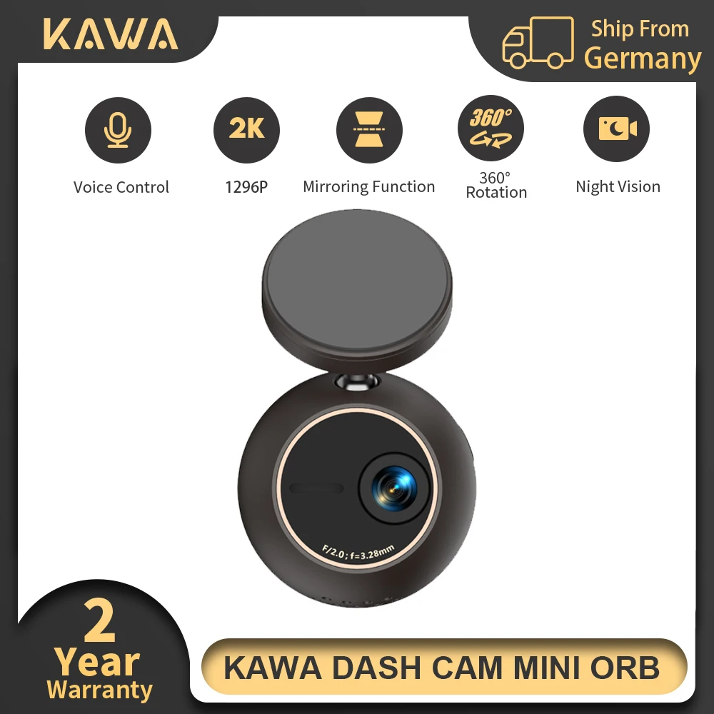 Caméra embarquée KAWA MINI ORB 2K avec commande vocale intelligente 360° °   Caméra de recul de voiture avec fonction de mise en miroir, mini, facile à installer, design discret, capteur G, supercondensateur,