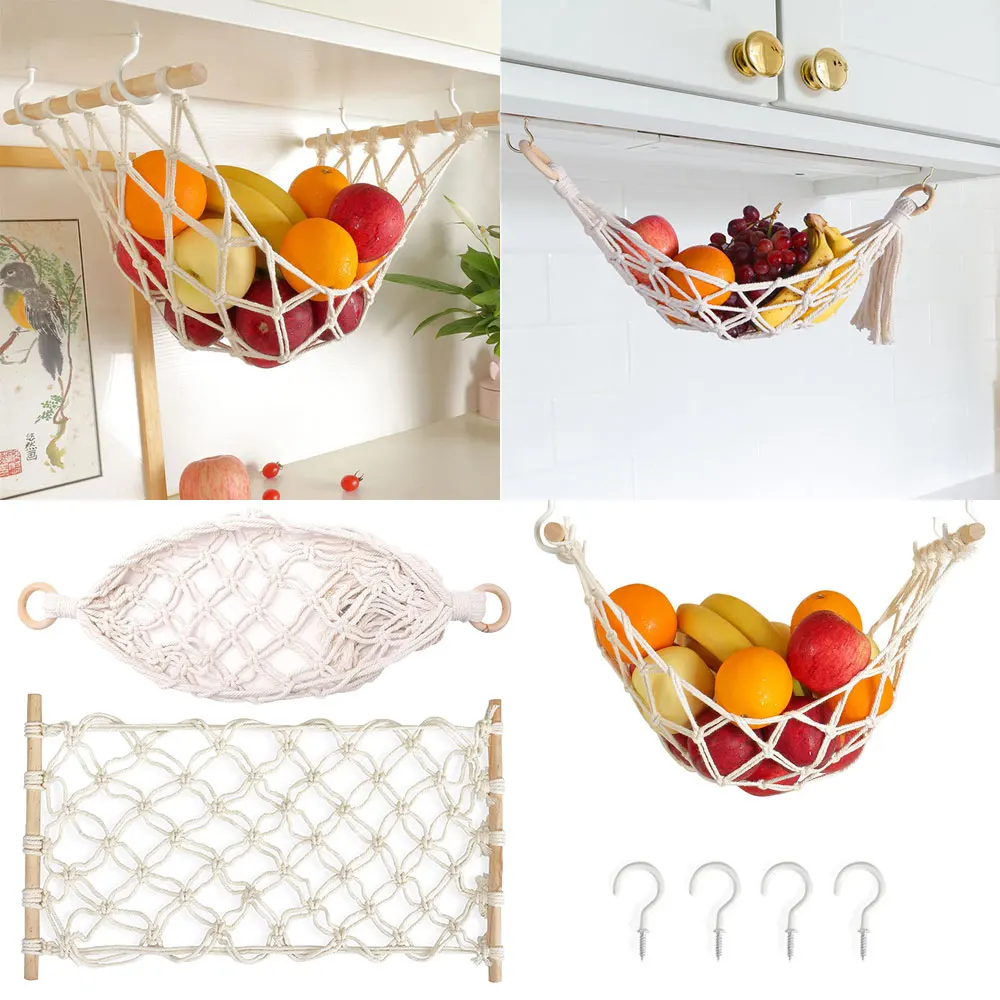 Under Cabinet Fruit Hammock Boho Woven Hanging Vegetable Hammock Household Hanging Kitchen Storage Basket Organizer