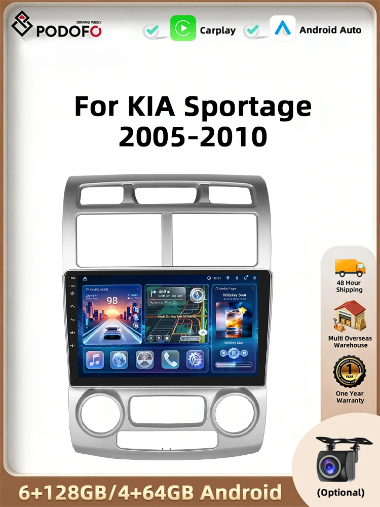 Podofo Draadloze CarPlay Android Autoradio Multimidia Video Player Navigatie GPS Voor KIA Sportage 2005-2010 2din WIFI Head Unit - afbeelding 2