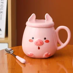 500ML Ceramic Mug Cute Pig Pink Girl Heart Cartoon Cup Coffee Cup with Lid Spoon Girl Water Cups Breakfast Mugs Birthday Gift