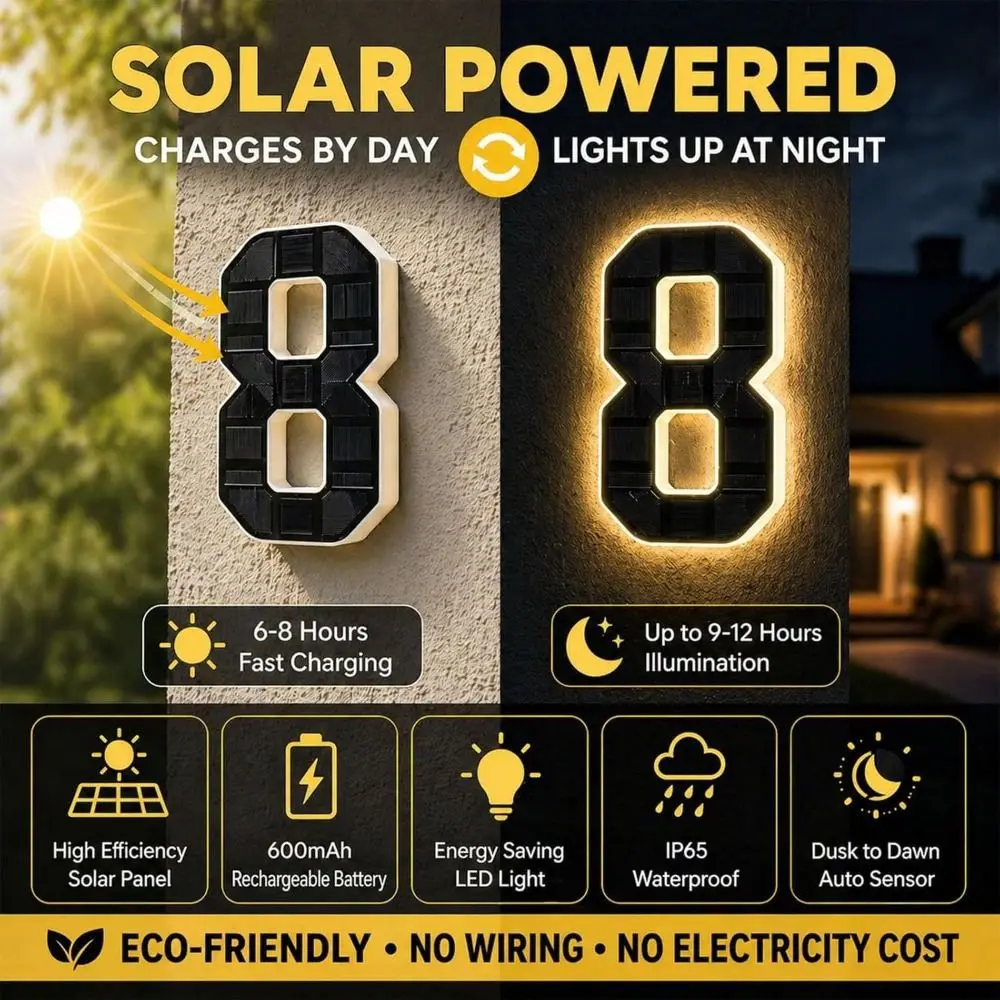 Highlighting Solar Lighted House Numbers Light 4.7inch,6.7inch.9inch IP65 Waterproof LED House Number Plaque 3D Modern