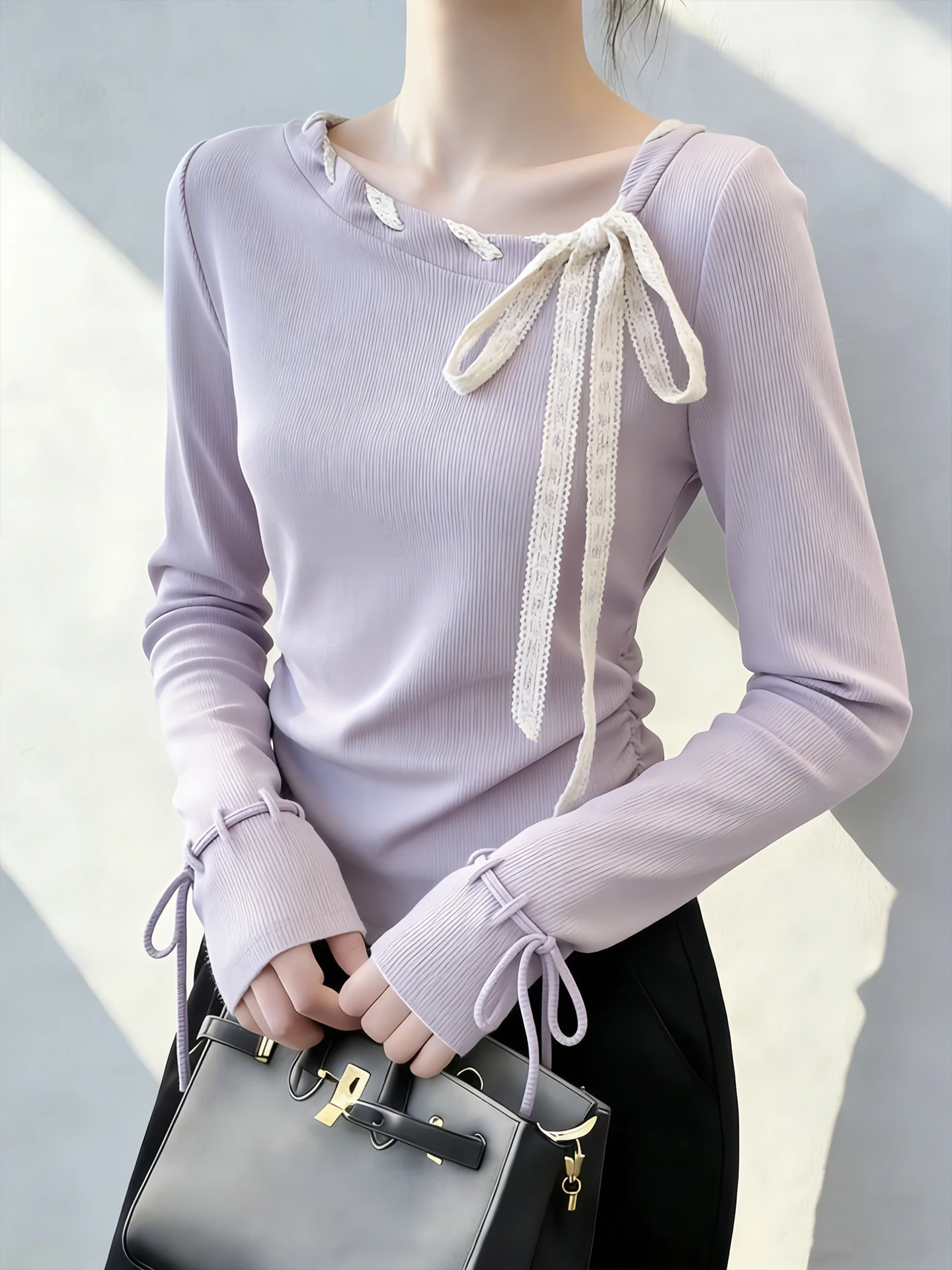 

Elegant Long Sleeve Knitted Shirt Slimming Waist Design Spring Fashionable Pleated Belted Base Shirt Women's Commute Style
