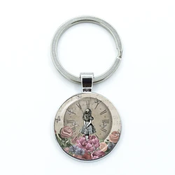 Alice In Wonderland Wonderland Garden Keychain Glass Cabochon KeyRing Bag Car Key Chain Ring Holder Charms Jewelry Gifts