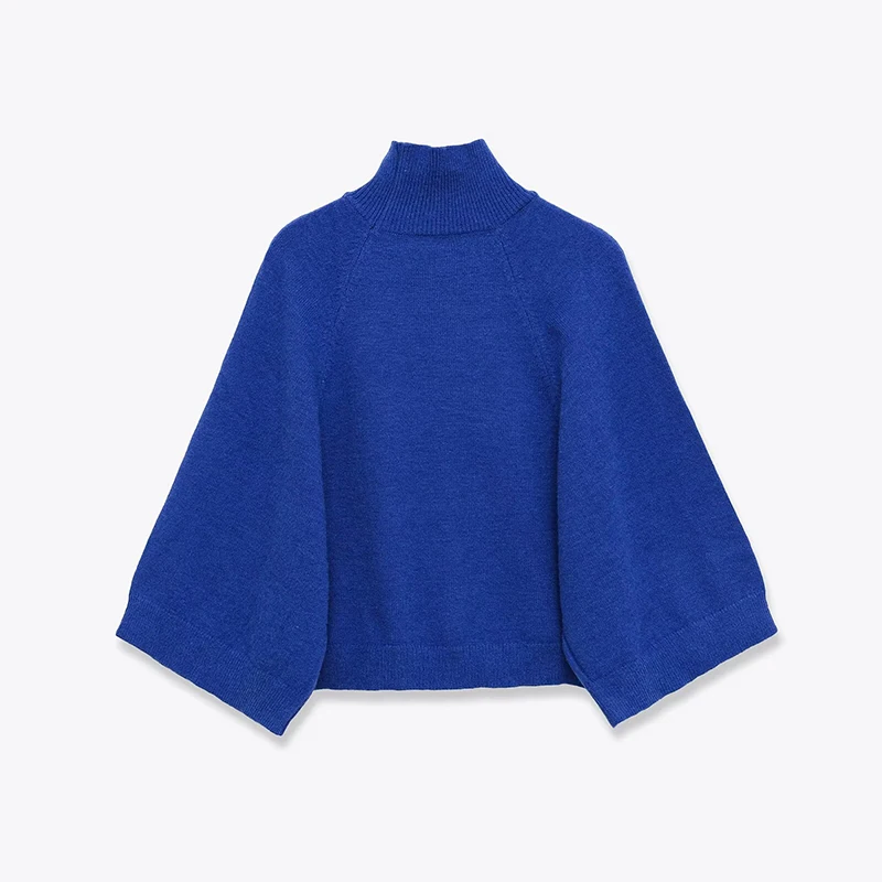 Blauer Strickpullover mit weiten Ärmeln für Damen, Frühling 2025, kurzer Stehkragenpullover