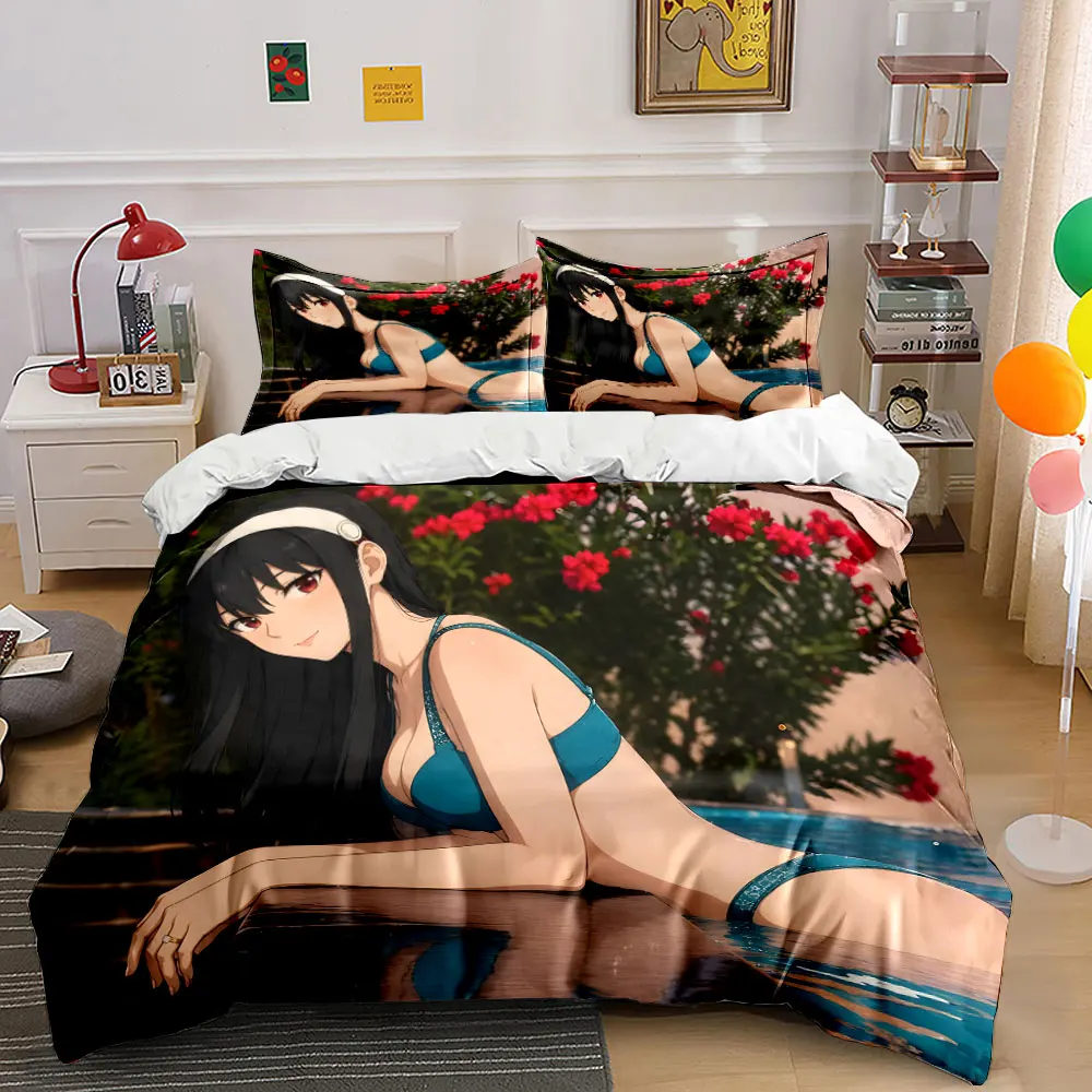 Beautiful long-haired girl by the pool Print Bedding set 3PC 1 duvet cover 2 pillowcases adult and children bedding set Luxury
