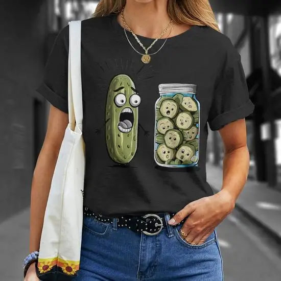 Camiseta con gráfico vintage Y2K para mujer, camiseta de manga corta con estampado de pepino y tarro de pepino juguetón, lavable a máquina, ajuste regular