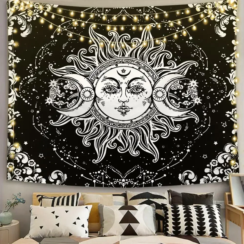 White Black Sun Moon Mandala Blanket Wall Hanging Witchcraft Wall Tapestry Hippie Wall Carpets Dorm Decor Psychedelic Tapestry