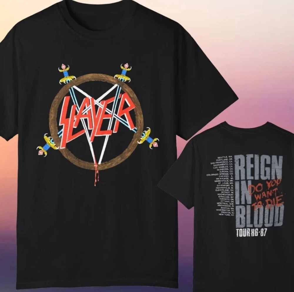 

Винтажная футболка 80-х Slayer Reign in Blood Tour 86-97, размер S-4XL — повседневные и удобные футболки с принтом для мужчин и женщин