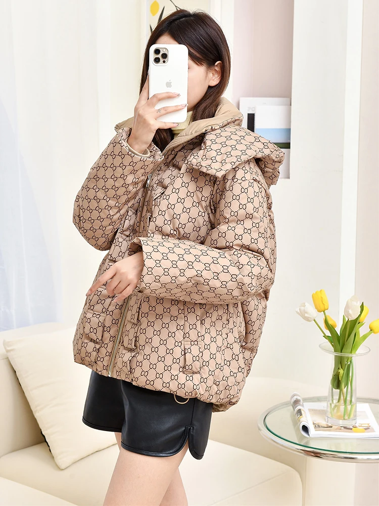 

Модные короткие пуховые пальто с капюшоном и принтом, свободная верхняя одежда с капюшоном для отдыха, женские зимние пальто, утепленное пальто на пуху