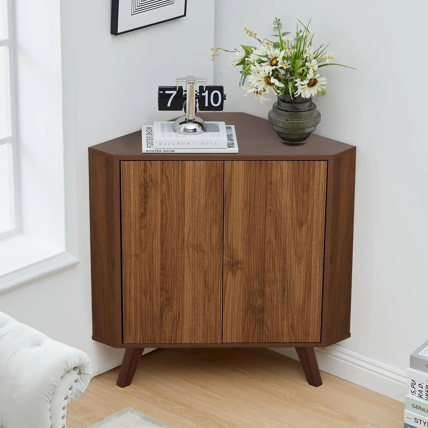 

Fluted Floor Corner Cabinet, Small Corner Floor Cabinet with Adjustable Shelve, Freestanding Narrow Cabinets Organizer f