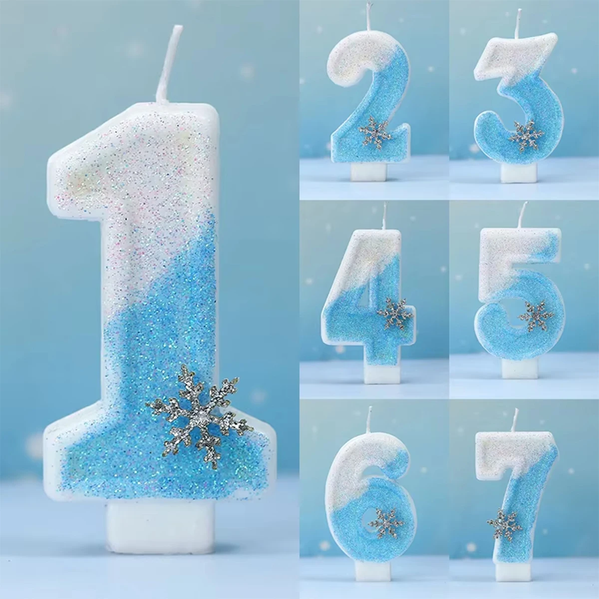 Blau-weiße Schneeflocke 0-9 Digitale Geburtstagskerzen, Kerzen mit Eis- und Schneemotiv, Geburtstag, Hochzeit, Jahrestag, Party, Kuchendekoration