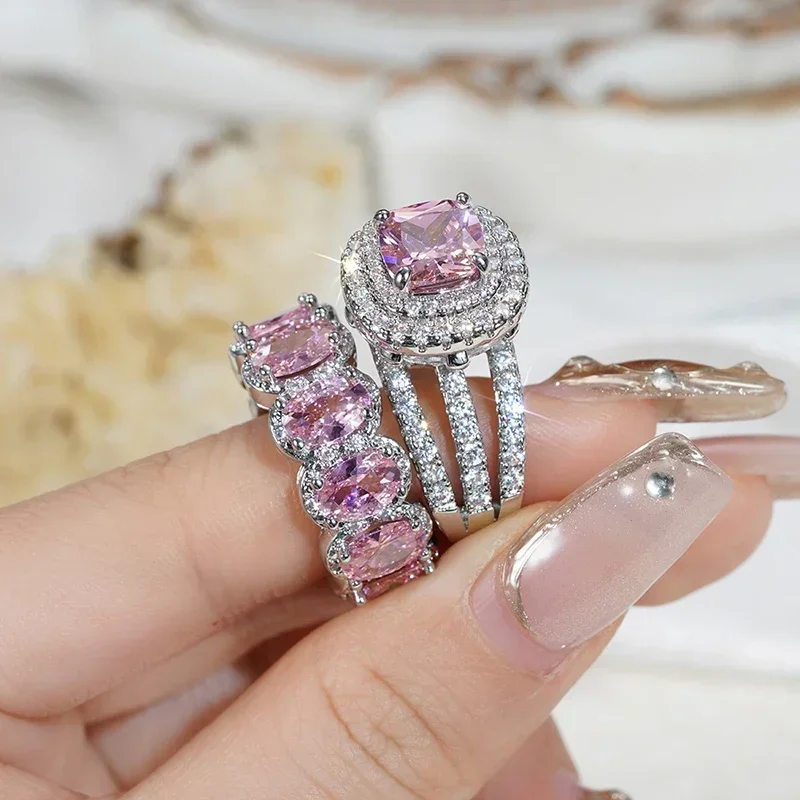 

2025 Gorgeous 2Pcs Set of Rings for Women Brilliant Zirconia Finger Jewelry for Engagement Party High-quality Accessories