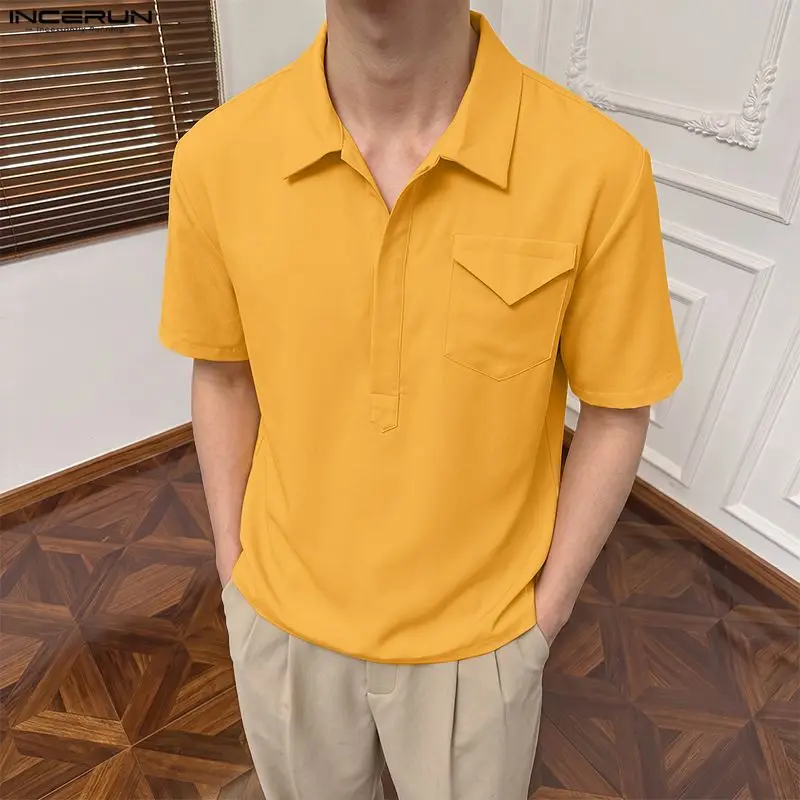 INCERUN Men's Shirt Solid Color Lapel Short Sleeve Summer Casual Tops For Man Korean Style Loose 2026 Fashion Men Clothes Shirts