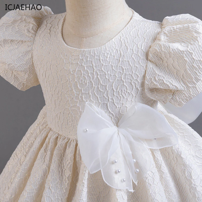 ICJAEHAO Puff Sleeve Princess Outfit Super Pearl Bow Girl Dress Jacquard Flower Infant Gown Party Matching Kid\'s Clothes 1-6 Y